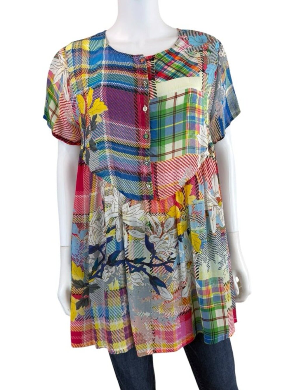Johnny Was Plaid Floral Patchwork Tunic Size S